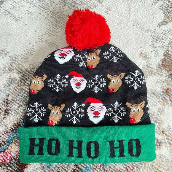 Novelty Santa + Reindeer + snowflake ugly sweater pom beanie hat light up nwot